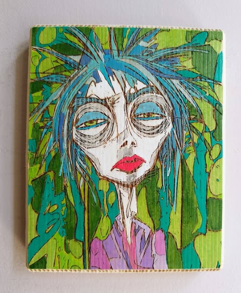 Blue-haired character hand-painted on reclaimed wood