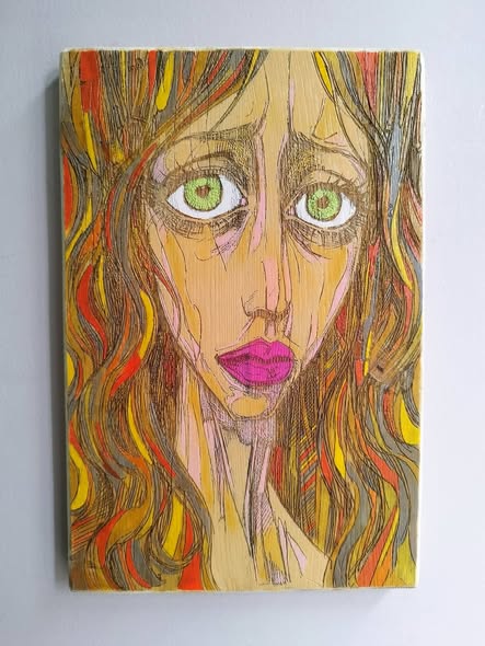 Expressive green-eyed portrait hand-painted on reclaimed wood
