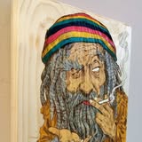 Rustic musician character hand-painted on reclaimed wood