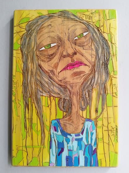Character portrait with a yellow background painted on wood